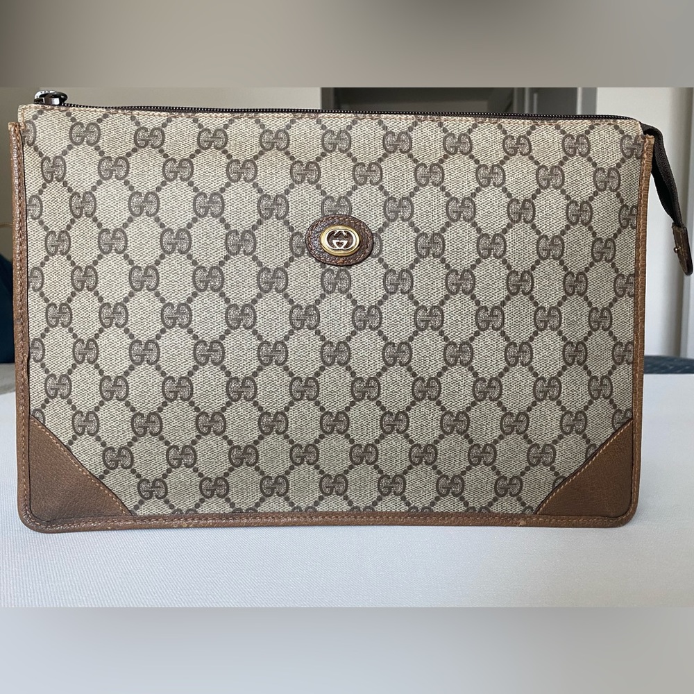GUCCI GG Canvas Clutch Bag PVC Leather Brown